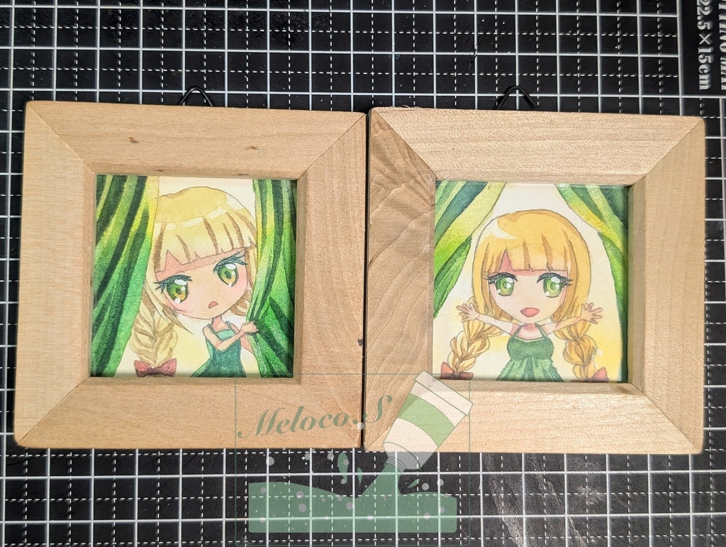 【ミニ原画】メロ子のカーテン2種/ミニ原画・透明水彩・フレーム付き