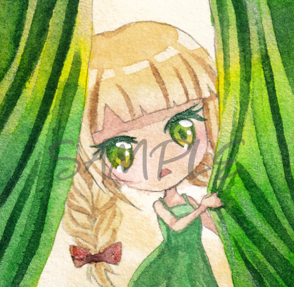 【ミニ原画】メロ子のカーテン2種/ミニ原画・透明水彩・フレーム付き