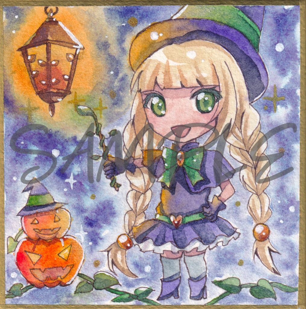 【ミニ原画・限定価格】魔女っ子メロ子とランタン ハロウィン限定・豆色紙水彩イラスト