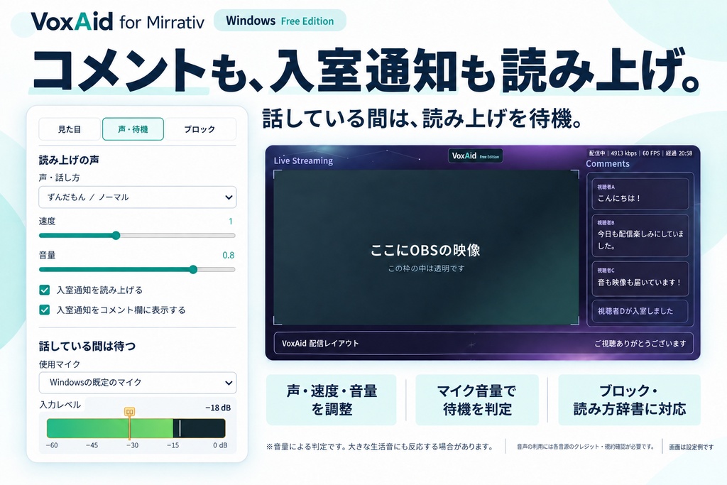 【無料】VoxAid for Mirrativ|コメント読み上げ・配信オーバーレイ【Windows】