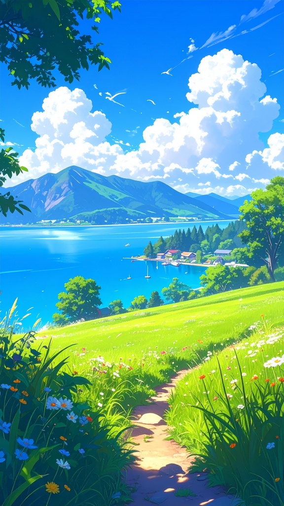 夏の草原と湖(スマホ向け)