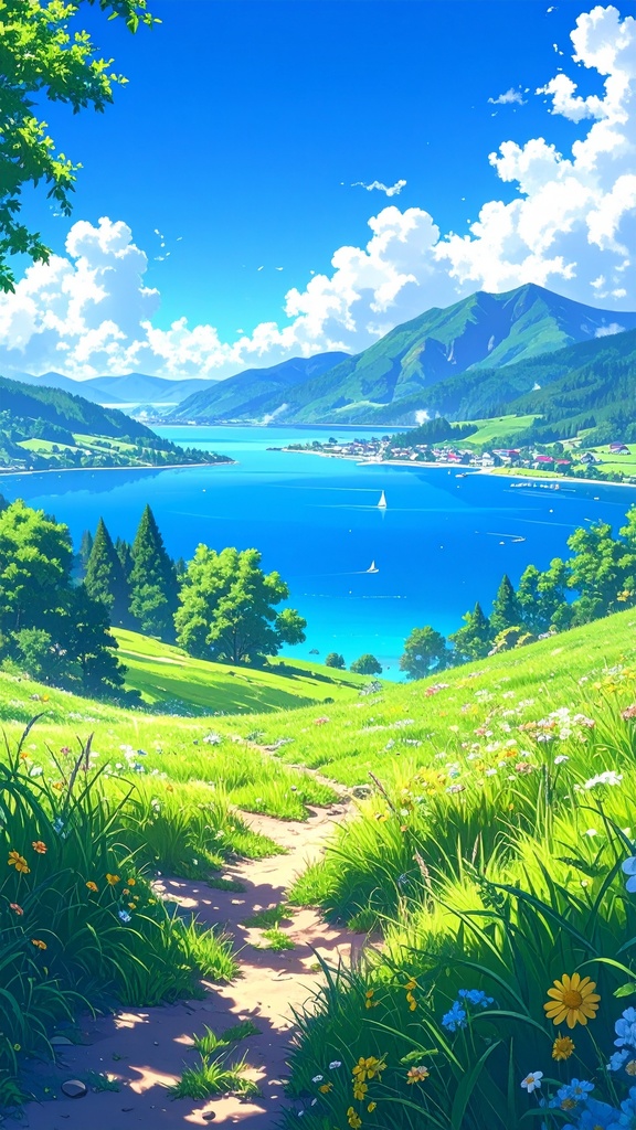 夏の草原と湖(スマホ向け)
