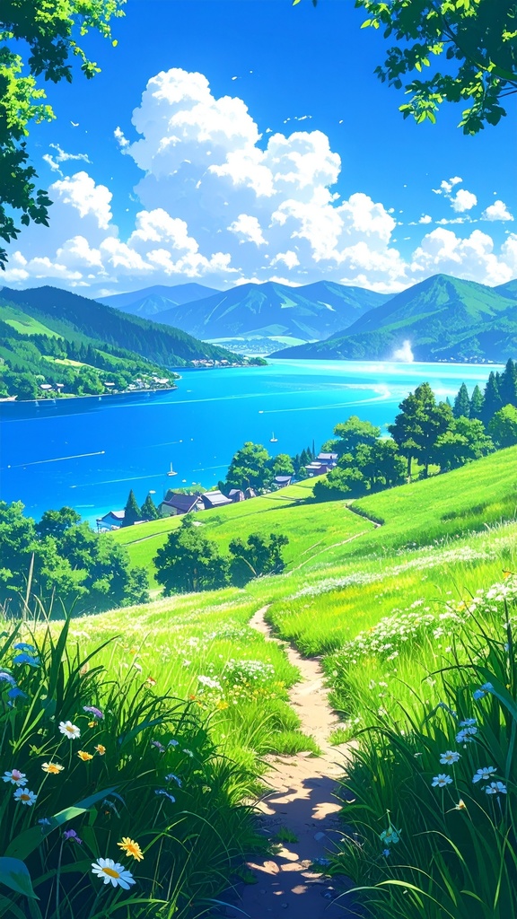 夏の草原と湖(スマホ向け)
