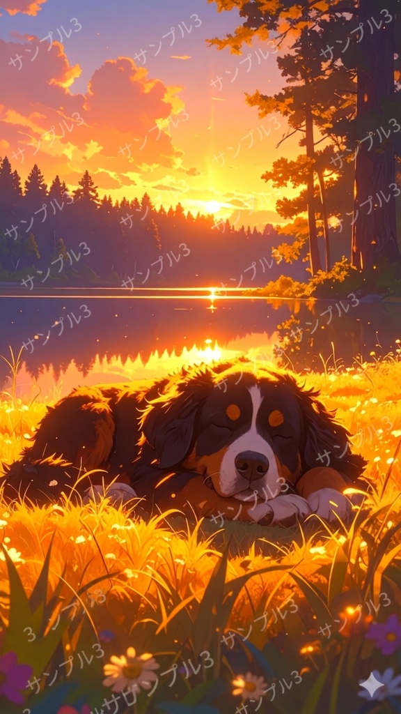 バーニーズ・マウンテン・ドッグと夕方(スマホ向け)