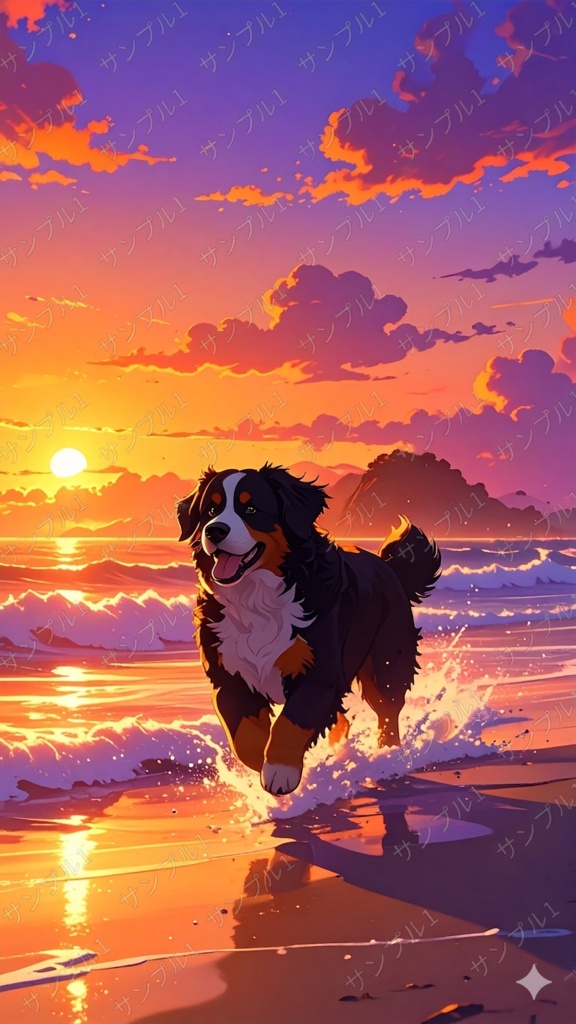 バーニーズ・マウンテン・ドッグと夕方(スマホ向け)