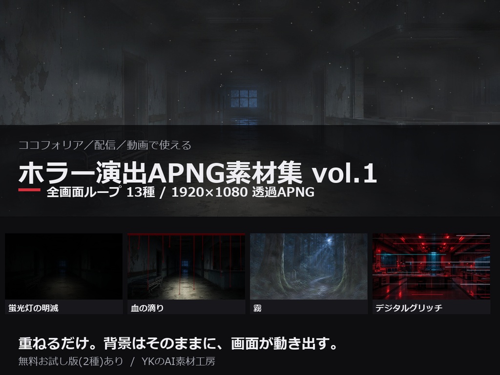 【ココフォリア対応】ホラー演出APNG素材集 vol.1|全画面ループ13種(霧/血/明滅/グリッチ)