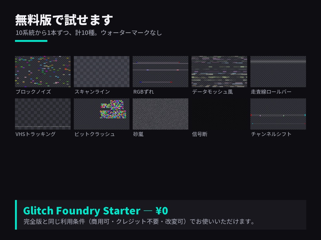 Glitch Foundry|グリッチ&ノイズ演出素材集 全100種(APNG+透過WebM/重ねるだけ)