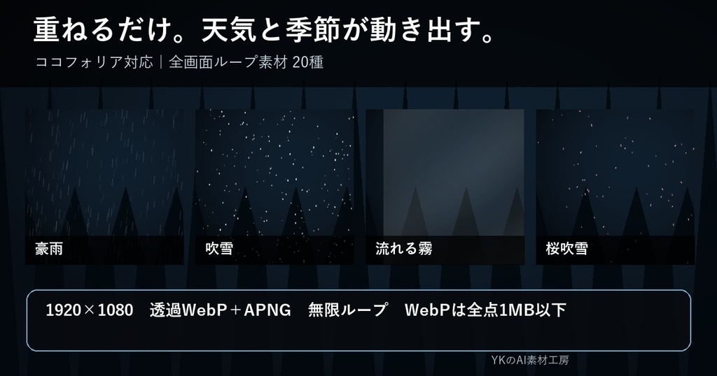 【ココフォリア対応】天候・季節演出 動く全画面素材20種｜雨・雪・霧・桜・紅葉・雷
