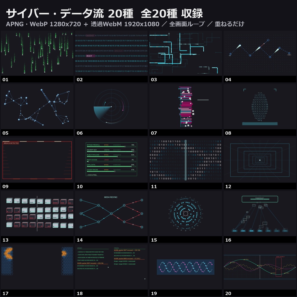 【演出素材】【無料あり】【ココフォリア/OBS対応】サイバー・データ流 演出 20種|コード雨・回路・ハッキング・ノイズ(APNG/WebM/WebP)