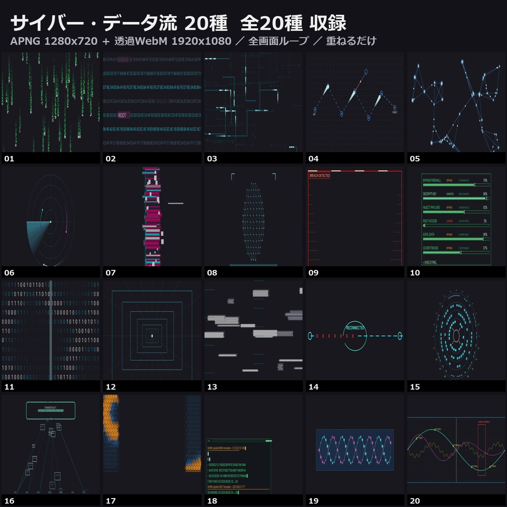 【ココフォリア/OBS対応】サイバー・データ流 演出 20種|コード雨・回路・ハッキング・ノイズ(APNG+透過WebM+WebP)