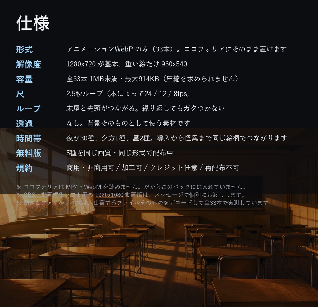 【ココフォリア対応】学校の怪談 動く背景 33種|夜の教室・廊下・理科室・プール・屋上(動くWebP/置くだけ・1MB未満)