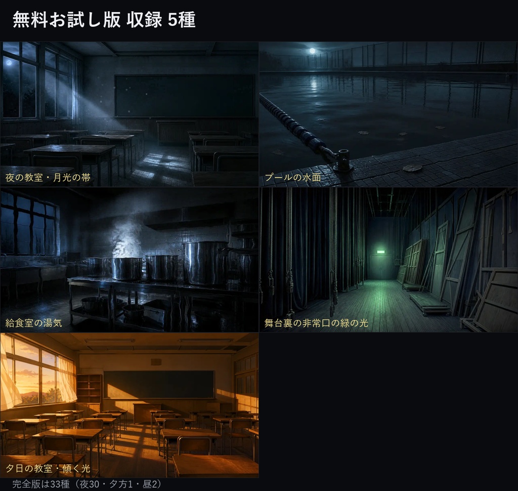 【ココフォリア対応】学校の怪談 動く背景 33種|夜の教室・廊下・理科室・プール・屋上(動くWebP/置くだけ・1MB未満)