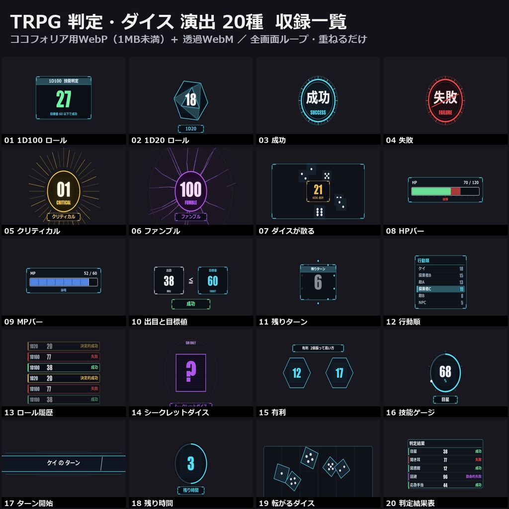 【演出素材】【無料あり】【CoC/ココフォリア対応】TRPG 判定・ダイス 演出 20種|1D100・成功/失敗・クリティカル・HPバー(動くWebP+透過WebM)