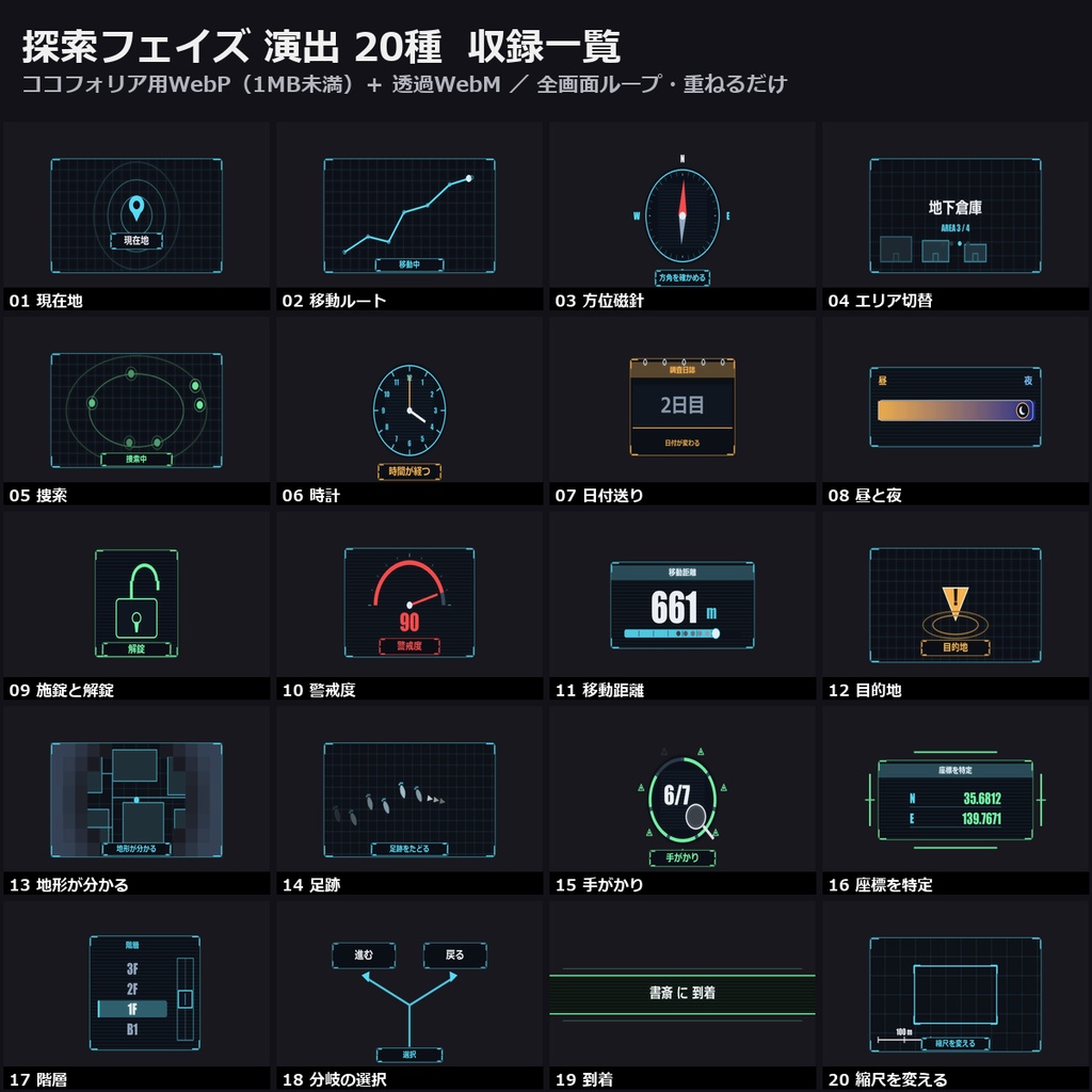 【演出素材】【無料あり】【CoC/ココフォリア対応】探索フェイズ 演出 20種|現在地・ルート・時間経過・解錠・警戒度(動くWebP+透過WebM)