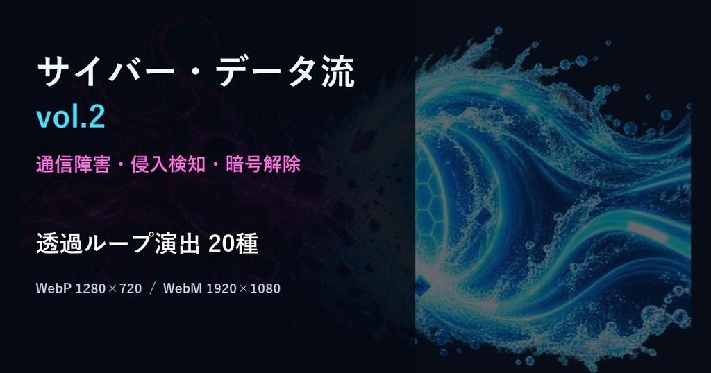 【演出素材】【無料あり】【ココフォリア/OBS対応】サイバー・データ流 vol.2 演出20種｜通信障害・侵入検知・暗号解除（動くWebP＋透過WebM）