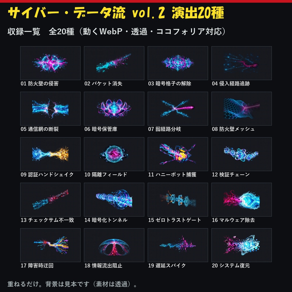 【演出素材】【無料あり】【ココフォリア対応】サイバー・データ流 vol.2 演出20種|通信障害・侵入検知・暗号解除(動くWebP)