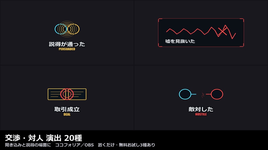 【演出素材】【無料あり】【TRPG/ココフォリア対応】交渉・対人 演出 20種｜説得・威圧・嘘・信用・取引・決裂（動くWebP＋透過WebM）