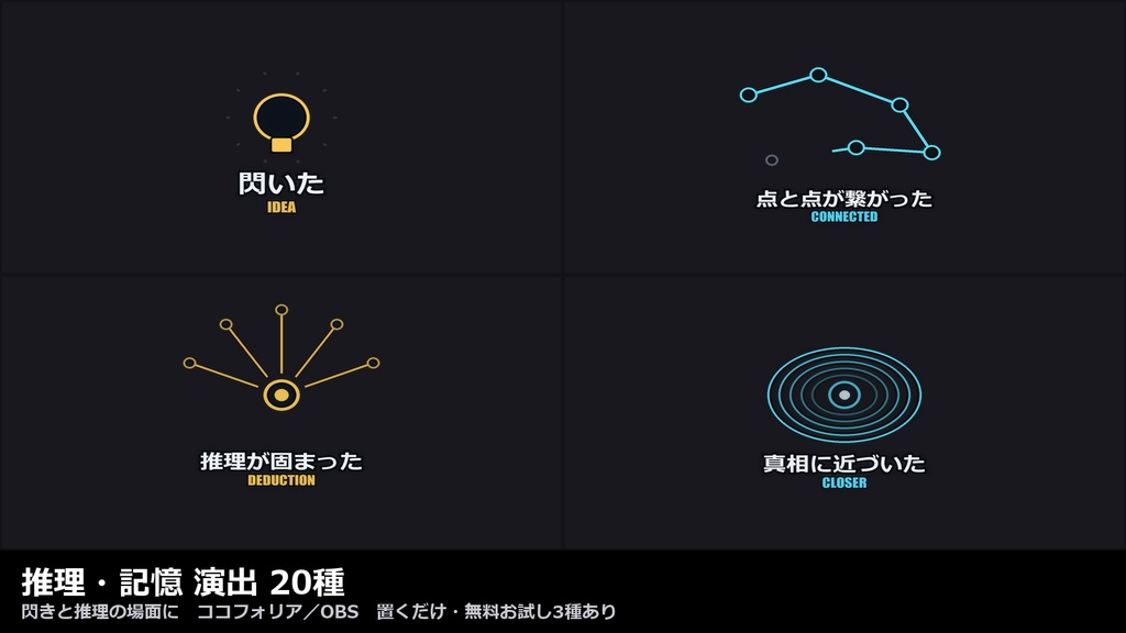 【演出素材】【無料あり】【CoC/TRPG/ココフォリア対応】推理・記憶 演出 20種｜閃き・思い出した・点と点が繋がった・確信・結論（動くWebP＋透過WebM）