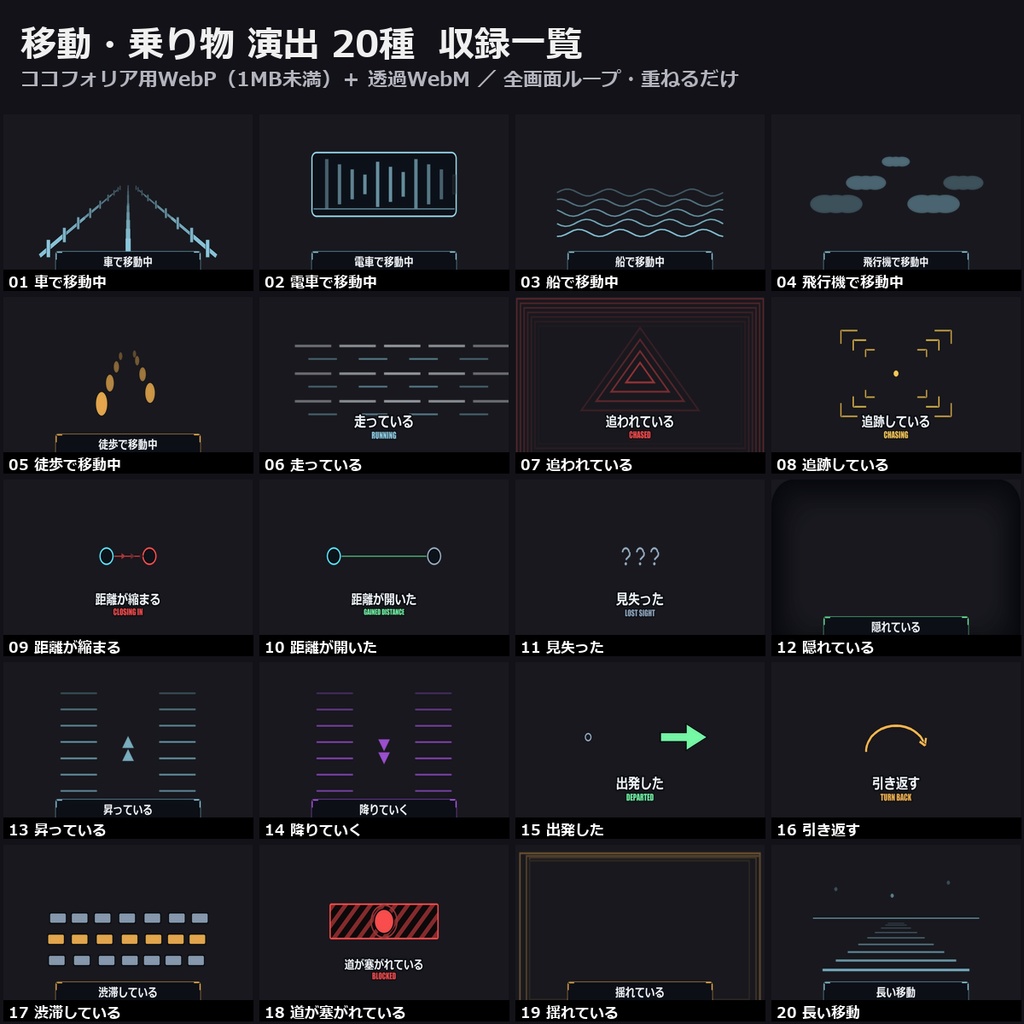 【演出素材】【無料あり】【TRPG/ココフォリア対応】移動・乗り物 演出 20種|車・電車・船・飛行機・徒歩・追跡・渋滞(動くWebP+透過WebM)