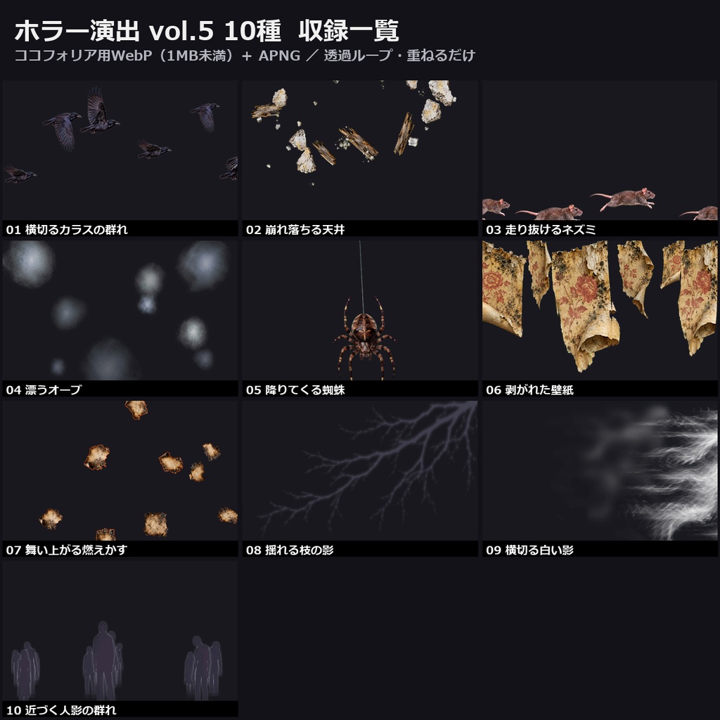 【演出素材】【無料あり】【TRPG/ココフォリア対応】ホラー演出 vol.5 10種｜カラスの群れ・崩れる天井・ネズミ・蜘蛛・オーブ・人影の群れ（動くWebP＋APNG）