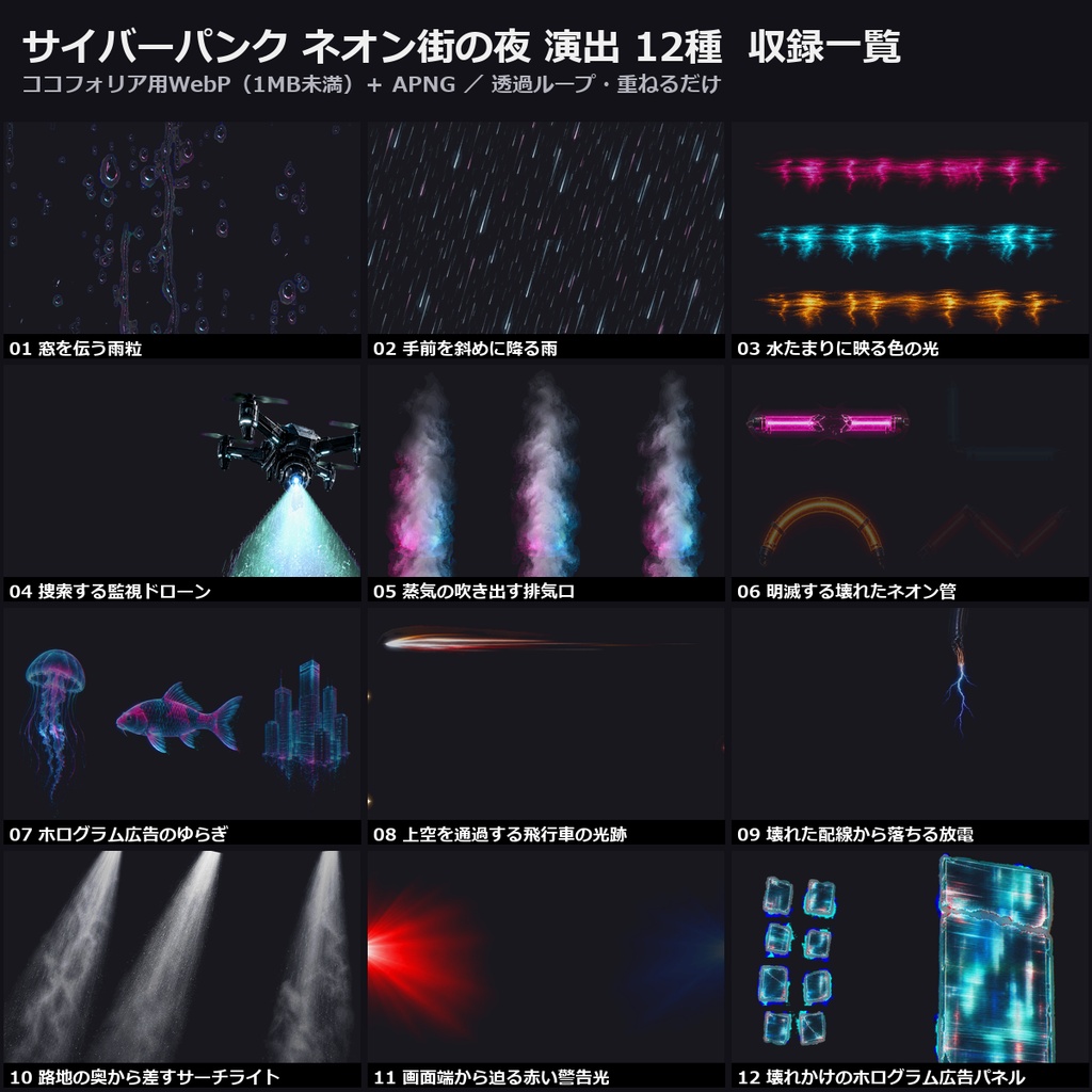 【演出素材】【無料あり】【TRPG/ココフォリア対応】サイバーパンク ネオン街の夜 演出 12種｜雨・ネオン管・ホログラム・ドローン・放電・警告灯（動くWebP＋APNG）