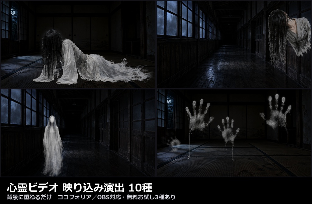 【演出素材】【無料あり】【TRPG/ココフォリア対応】和風ホラー 心霊ビデオ 映り込み演出 10種|這う女・覗く女・白い人影・手形・揺れる照明・残像・砂嵐(動くWebP+APNG)
