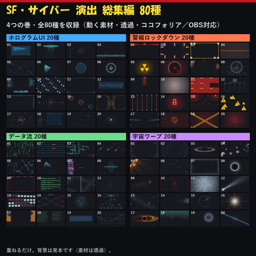 【演出素材】【無料あり】【ココフォリア/OBS対応】SF・サイバー 演出 総集編 80種｜ホログラムUI・警報・データ流・宇宙ワープ まとめ（APNG+透過WebM+WebP）