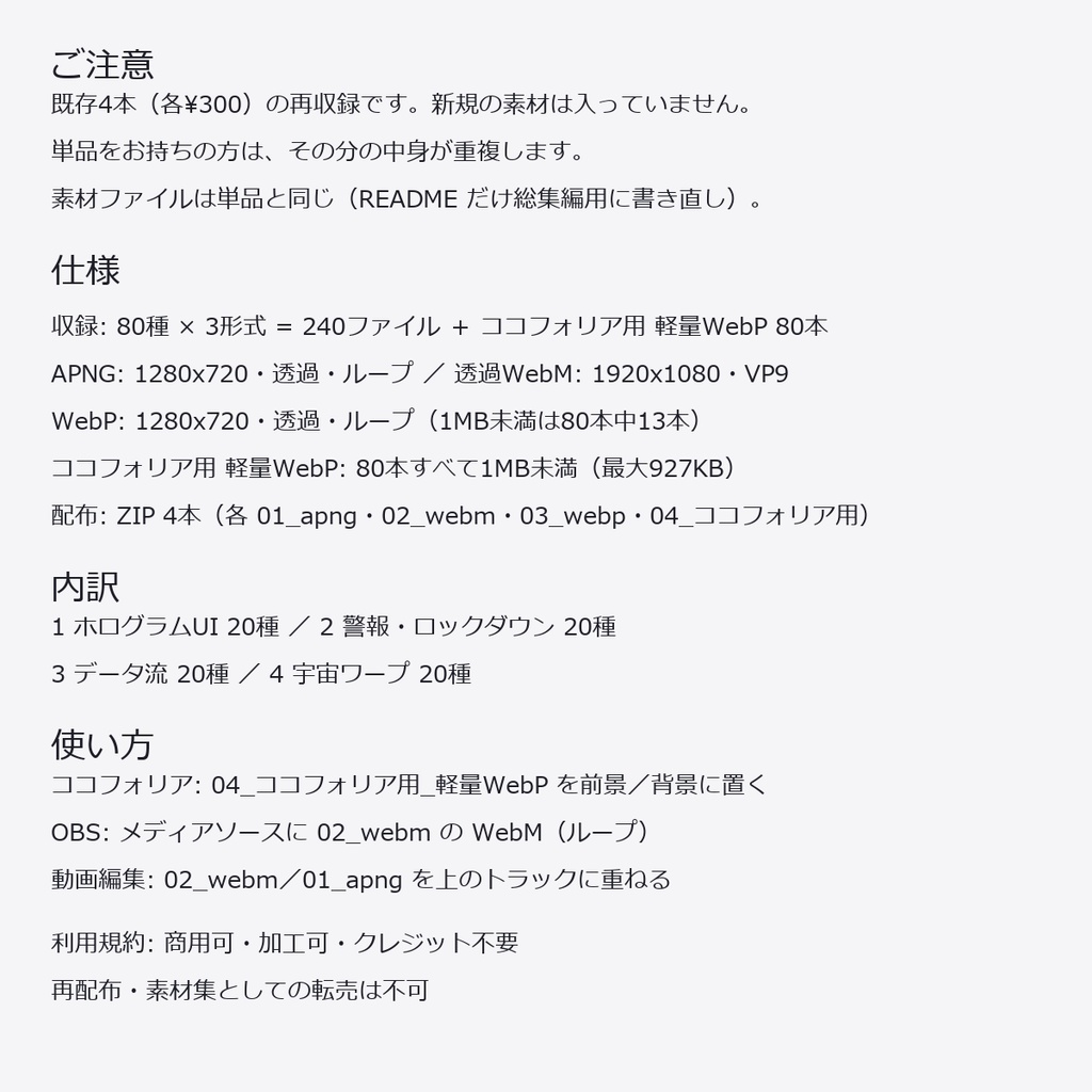 【演出素材】【無料あり】【ココフォリア/OBS対応】SF・サイバー 演出 総集編 80種|ホログラムUI・警報・データ流・宇宙ワープ まとめ(APNG+透過WebM+WebP)