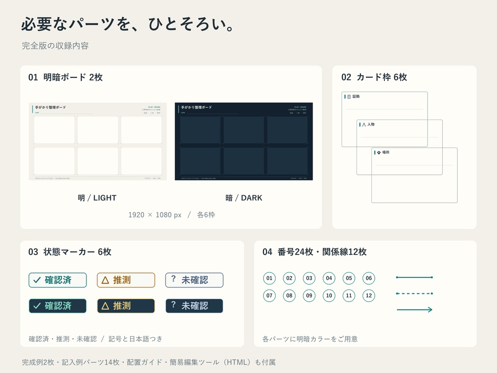 TRPG 手がかり整理ボード|証拠・人物・場所カードと確認マーカー