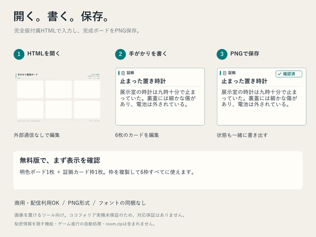 TRPG 手がかり整理ボード|証拠・人物・場所カードと確認マーカー