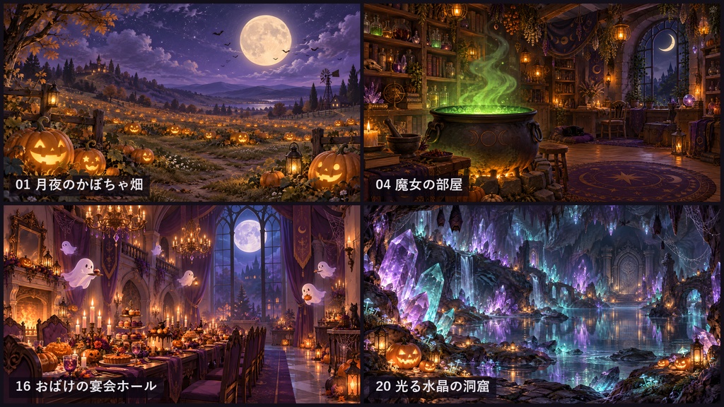 【ココフォリア対応】【無料あり】ハロウィン 背景 20種|洋館・墓地・魔女の部屋・かぼちゃ畑ほか(1920×1080 PNG+軽量JPG・WebP)