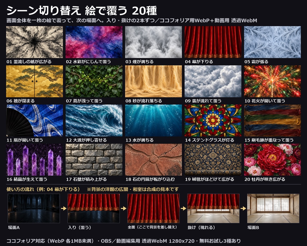 【演出素材】【無料あり】【TRPG/ココフォリア対応】シーン切り替え 絵で覆う 20種|墨・襖・花火・大波・牡丹・ステンドグラスほか(入り・抜け 動くWebP+透過WebM)