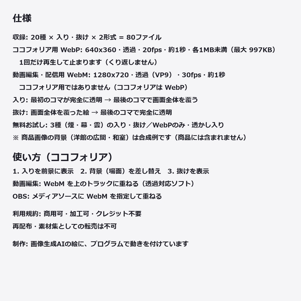 【演出素材】【無料あり】【TRPG/ココフォリア対応】シーン切り替え 絵で覆う 20種|墨・襖・花火・大波・牡丹・ステンドグラスほか(入り・抜け 動くWebP+透過WebM)