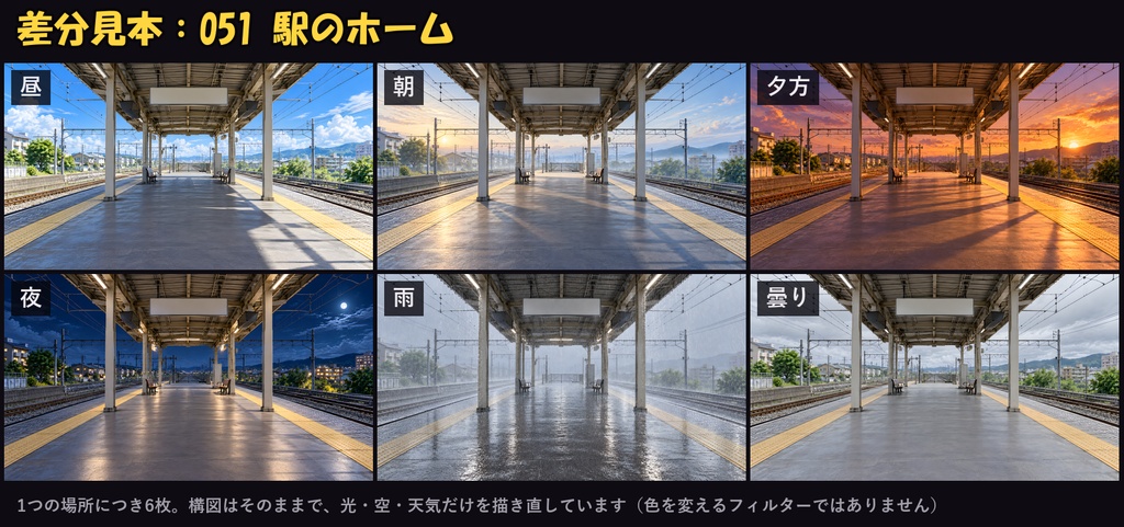 【ココフォリア対応】【無料あり】日本の日常背景 600枚|100場所×6差分(昼・朝・夕方・夜・雨・曇り)自宅・商店街・駅・カフェほか(1920×1080 PNG+軽量JPG)