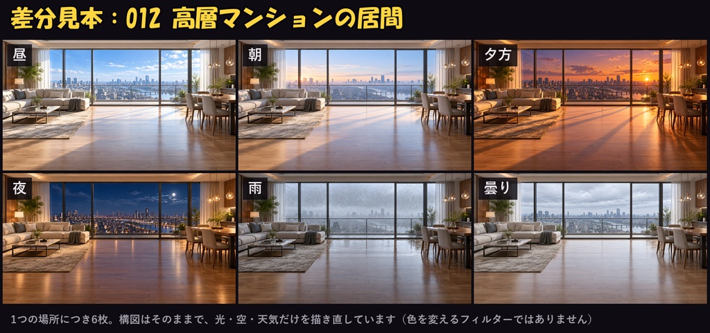 【ココフォリア対応】【無料あり】日本の日常背景 600枚|100場所×6差分(昼・朝・夕方・夜・雨・曇り)自宅・商店街・駅・カフェほか(1920×1080 PNG+軽量JPG)