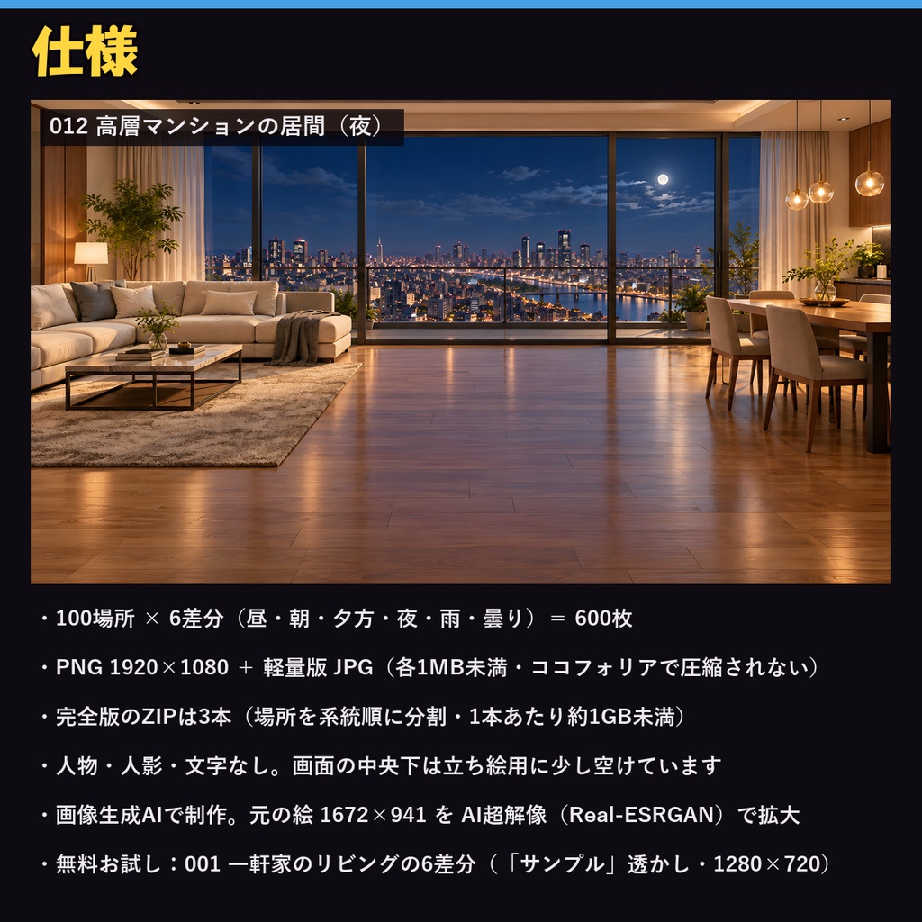 【ココフォリア対応】【無料あり】日本の日常背景 600枚|100場所×6差分(昼・朝・夕方・夜・雨・曇り)自宅・商店街・駅・カフェほか(1920×1080 PNG+軽量JPG)