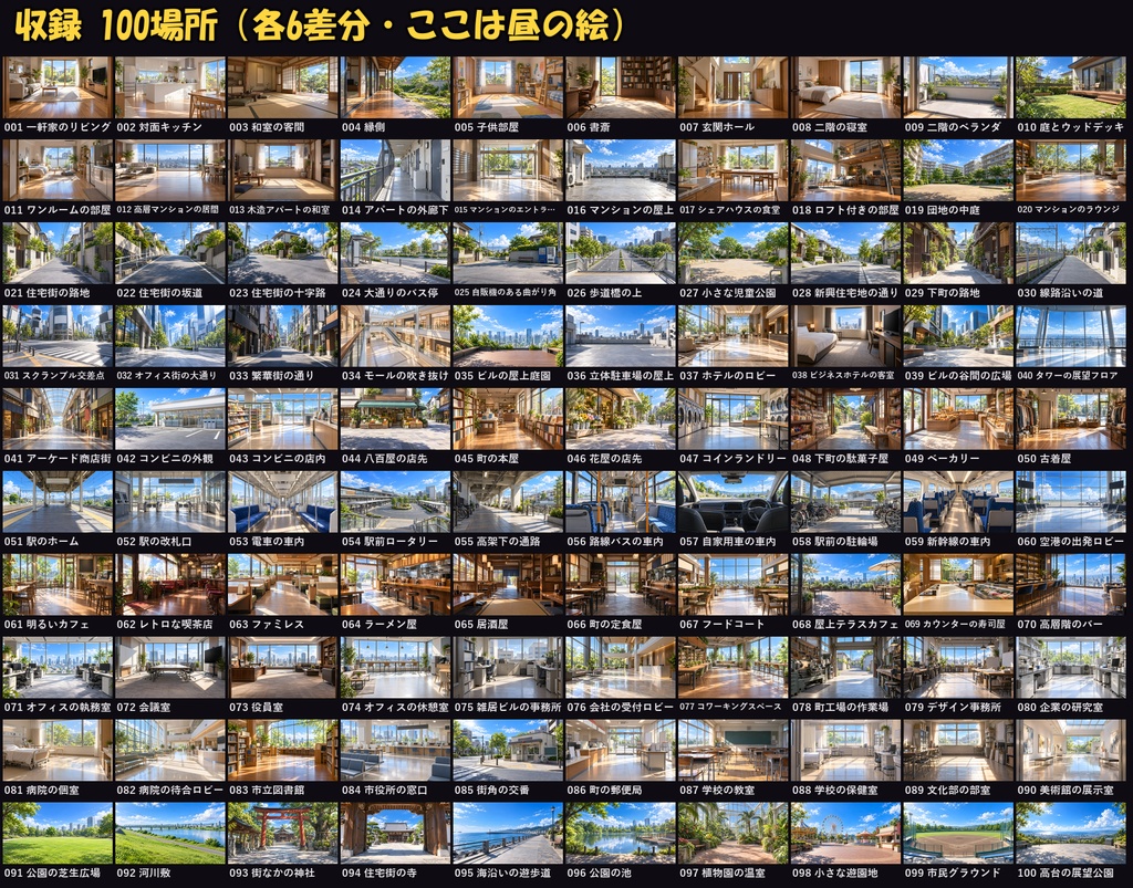 【ココフォリア対応】【無料あり】日本の日常背景 600枚|100場所×6差分(昼・朝・夕方・夜・雨・曇り)自宅・商店街・駅・カフェほか(1920×1080 PNG+軽量JPG)