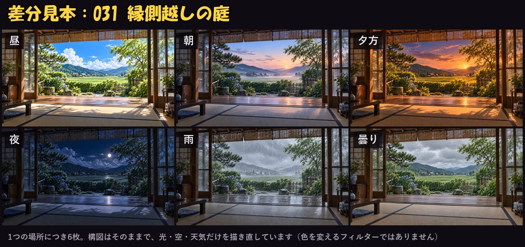 【ココフォリア対応】【無料あり】田舎の風景背景 600枚|100場所×6差分(昼・朝・夕方・夜・雨・曇り)田んぼ・古民家・無人駅・漁港ほか(1920×1080 PNG+軽量JPG)
