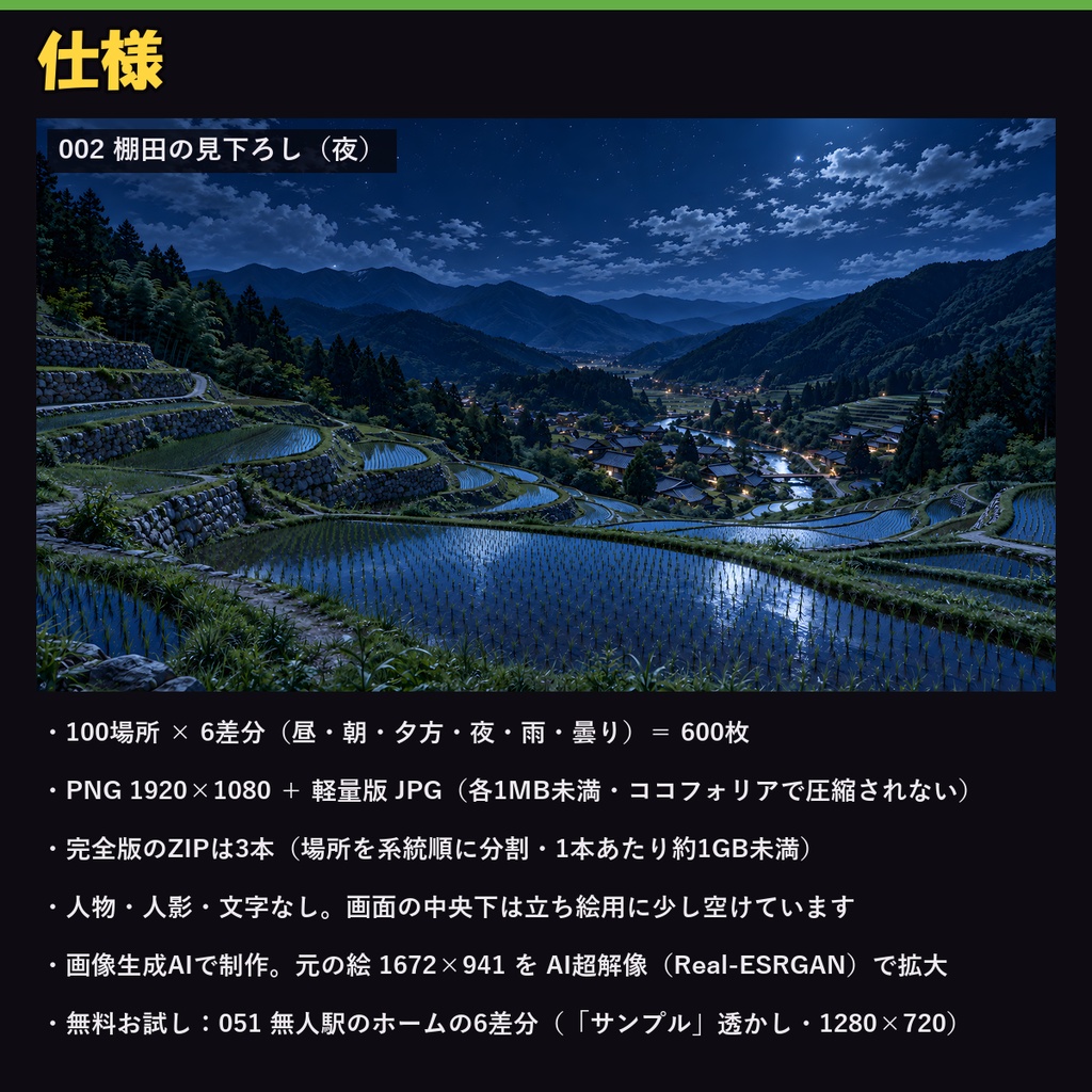 【ココフォリア対応】【無料あり】田舎の風景背景 600枚|100場所×6差分(昼・朝・夕方・夜・雨・曇り)田んぼ・古民家・無人駅・漁港ほか(1920×1080 PNG+軽量JPG)