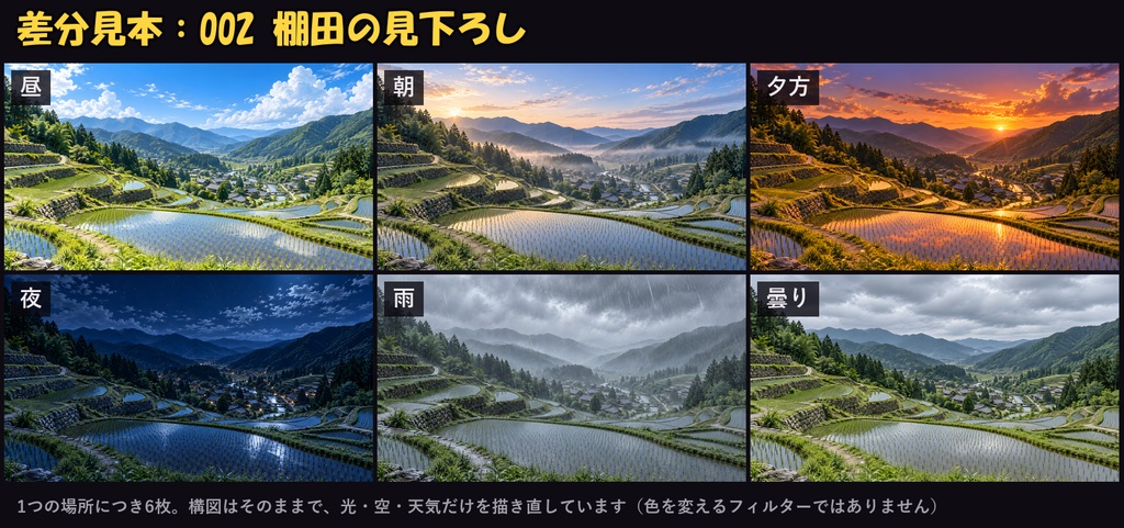 【ココフォリア対応】【無料あり】田舎の風景背景 600枚|100場所×6差分(昼・朝・夕方・夜・雨・曇り)田んぼ・古民家・無人駅・漁港ほか(1920×1080 PNG+軽量JPG)