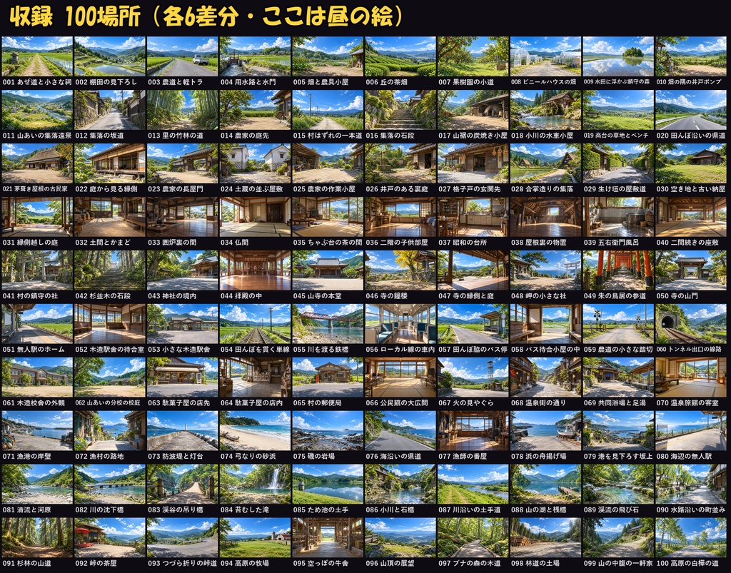 【ココフォリア対応】【無料あり】田舎の風景背景 600枚|100場所×6差分(昼・朝・夕方・夜・雨・曇り)田んぼ・古民家・無人駅・漁港ほか(1920×1080 PNG+軽量JPG)