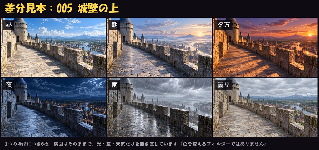 【ココフォリア対応】【無料あり】ファンタジー背景 600枚|100場所×6差分(昼・朝・夕方・夜・雨・曇り)城・城下町・冒険者の酒場・ダンジョンほか(1920×1080 PNG+軽量JPG)