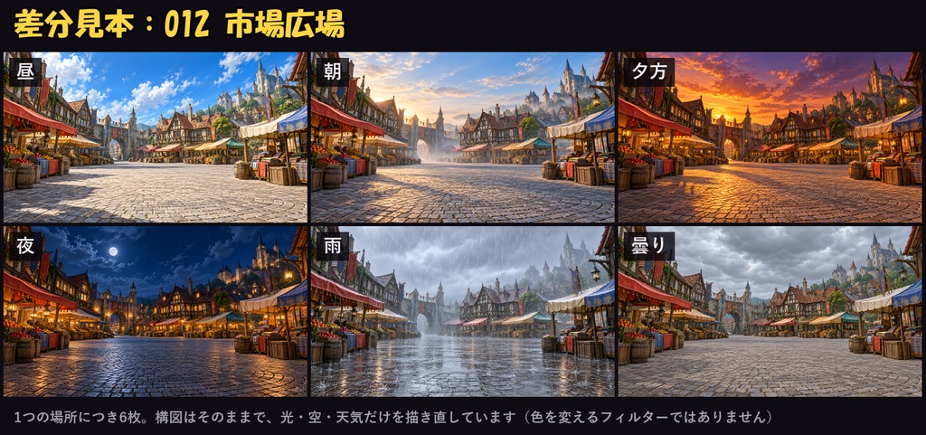 【ココフォリア対応】【無料あり】ファンタジー背景 600枚|100場所×6差分(昼・朝・夕方・夜・雨・曇り)城・城下町・冒険者の酒場・ダンジョンほか(1920×1080 PNG+軽量JPG)