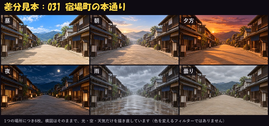 【ココフォリア対応】【無料あり】和風・時代劇背景 600枚|100場所×6差分(昼・朝・夕方・夜・雨・曇り)江戸の町・城・長屋・宿場町ほか(1920×1080 PNG+軽量JPG)