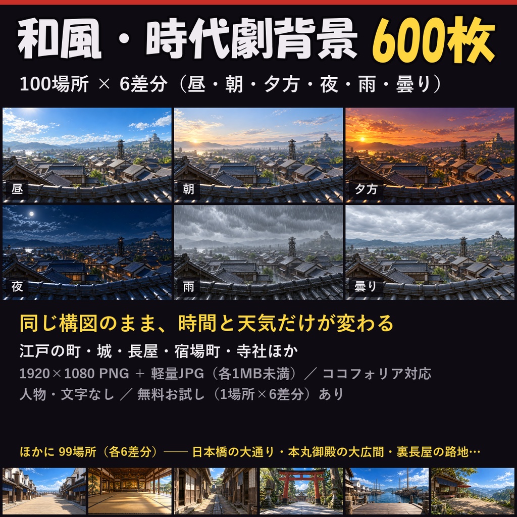 【ココフォリア対応】【無料あり】和風・時代劇背景 600枚|100場所×6差分(昼・朝・夕方・夜・雨・曇り)江戸の町・城・長屋・宿場町ほか(1920×1080 PNG+軽量JPG)