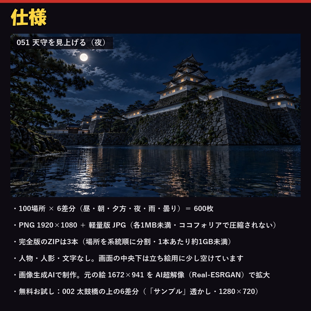 【ココフォリア対応】【無料あり】和風・時代劇背景 600枚|100場所×6差分(昼・朝・夕方・夜・雨・曇り)江戸の町・城・長屋・宿場町ほか(1920×1080 PNG+軽量JPG)