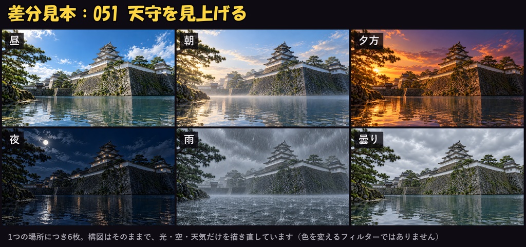 【ココフォリア対応】【無料あり】和風・時代劇背景 600枚|100場所×6差分(昼・朝・夕方・夜・雨・曇り)江戸の町・城・長屋・宿場町ほか(1920×1080 PNG+軽量JPG)