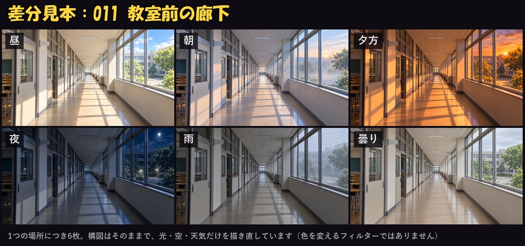 【ココフォリア対応】【無料あり】学校・学園背景 600枚|100場所×6差分(昼・朝・夕方・夜・雨・曇り)教室・廊下・屋上・部室ほか(1920×1080 PNG+軽量JPG)