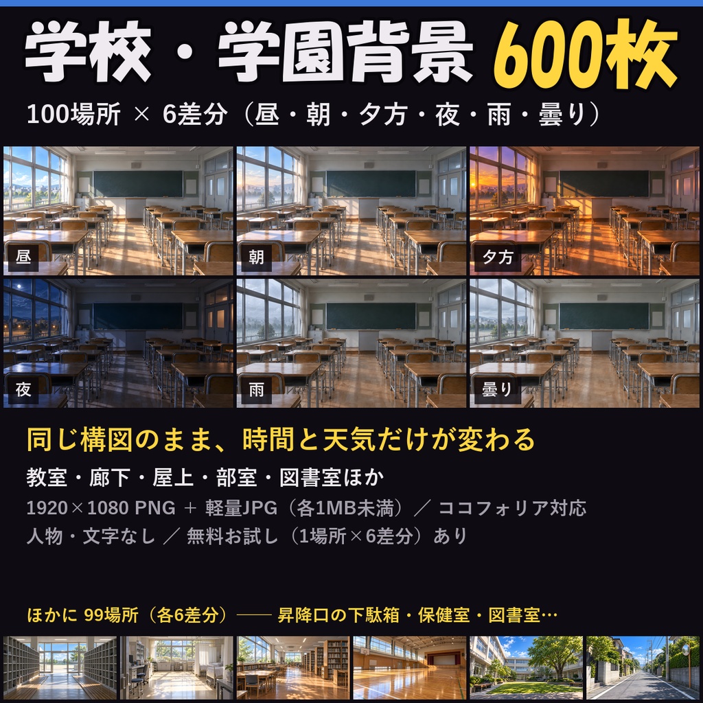 【ココフォリア対応】【無料あり】学校・学園背景 600枚｜100場所×6差分（昼・朝・夕方・夜・雨・曇り）教室・廊下・屋上・部室ほか（1920×1080 PNG＋軽量JPG）