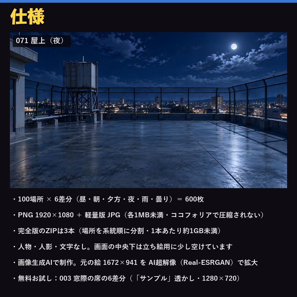 【ココフォリア対応】【無料あり】学校・学園背景 600枚|100場所×6差分(昼・朝・夕方・夜・雨・曇り)教室・廊下・屋上・部室ほか(1920×1080 PNG+軽量JPG)
